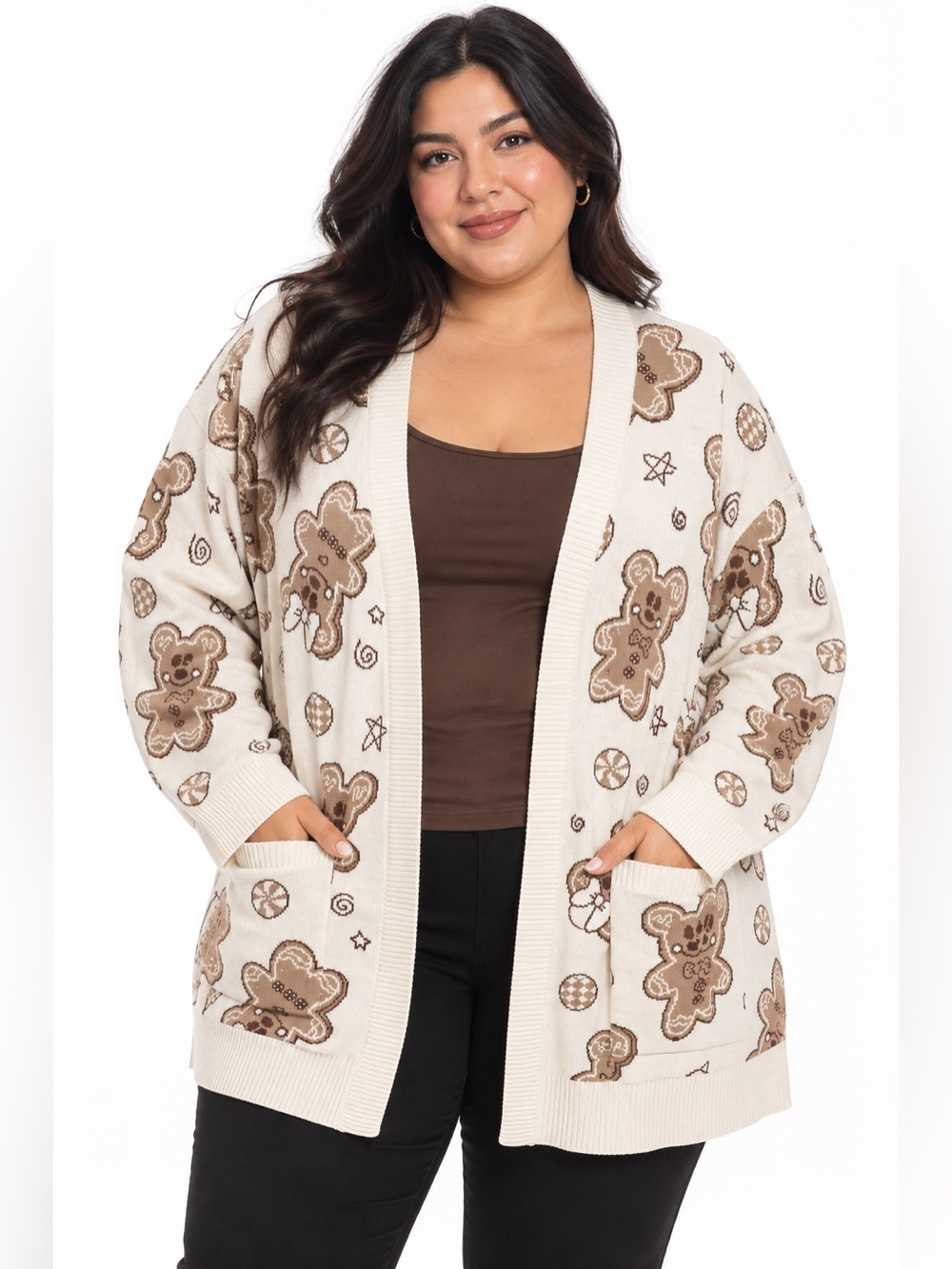 Disney Gingerbread Girl & Boy Cardigan Women’s Size 2X Cream Brown Holiday Sweat